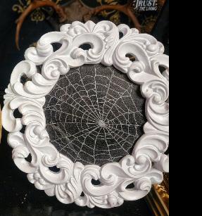 Preserved spiderweb in ornate white frame